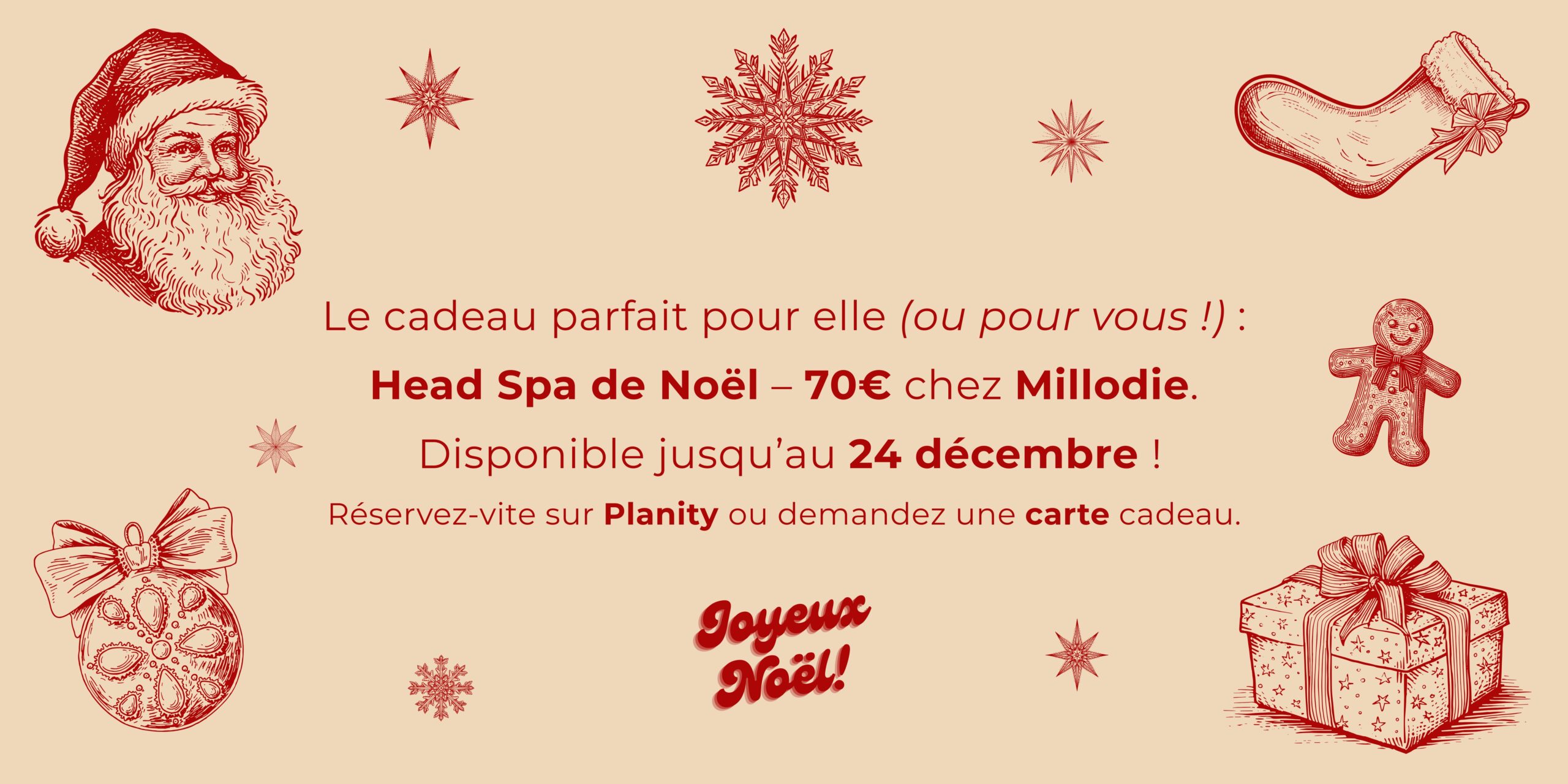 Visuel promotionnel Millodie pour l’offre Head Spa de Noël à 70€, disponible jusqu’au 24 décembre, avec illustrations vintage de Noël.